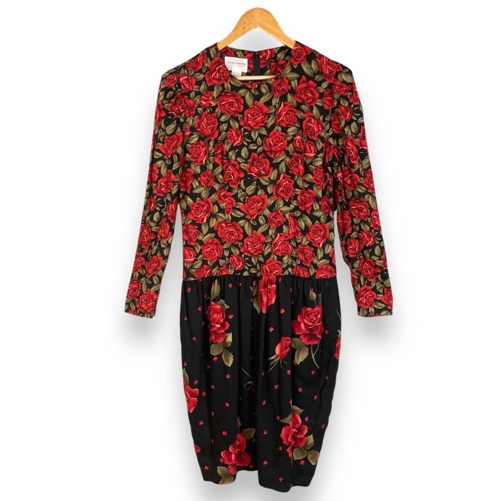 Vintage 80s Floral Dress Roses Dropped Waist‎ Long Sleeve Modest Black Red Retro